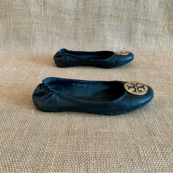TORY BURCH Minnie Black Leather Ballet Flats Gold Metal Double “T” Size 7 (38) - Picture 4 of 13